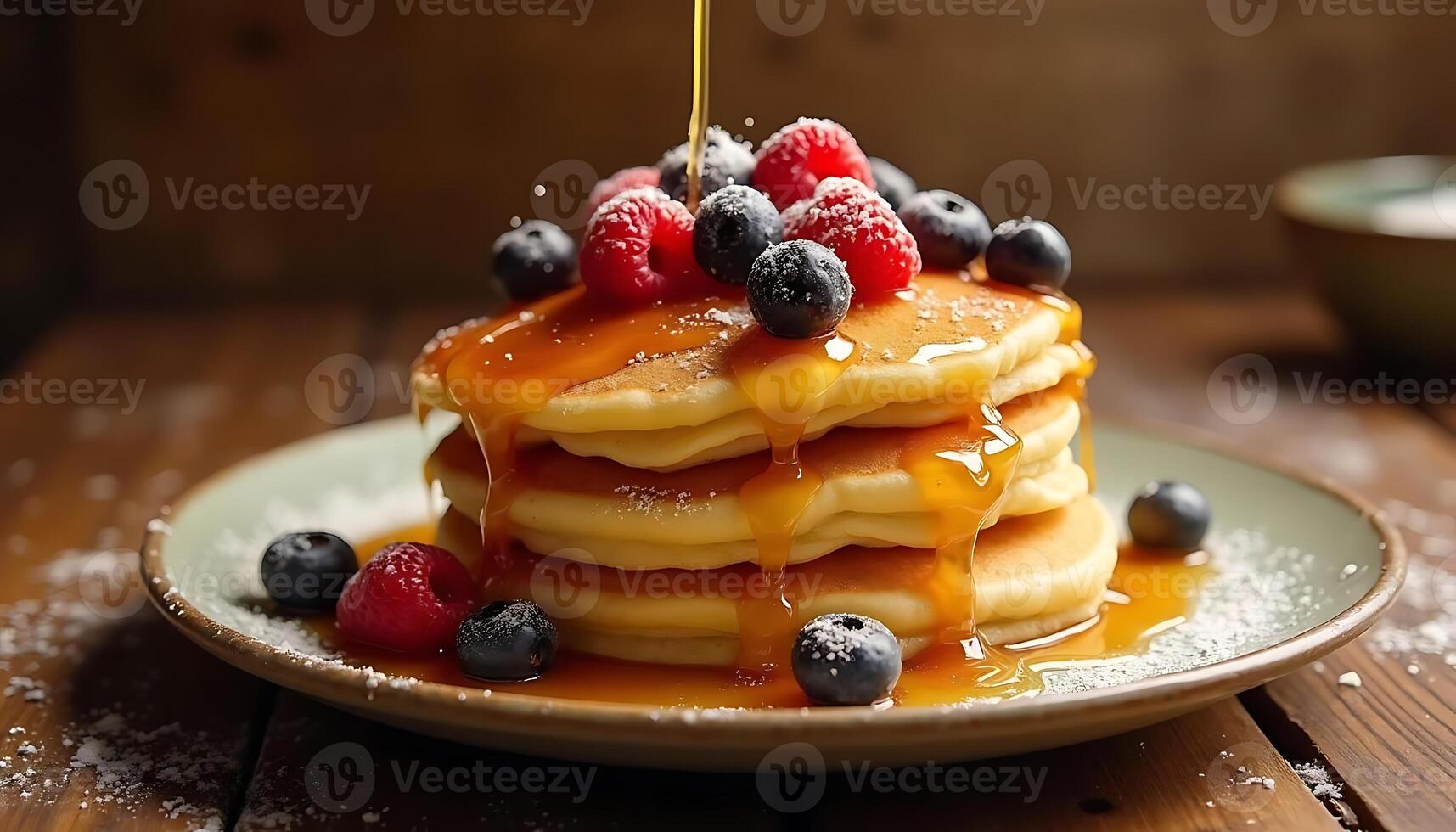 A stack of pancakes with syrup and berries photo