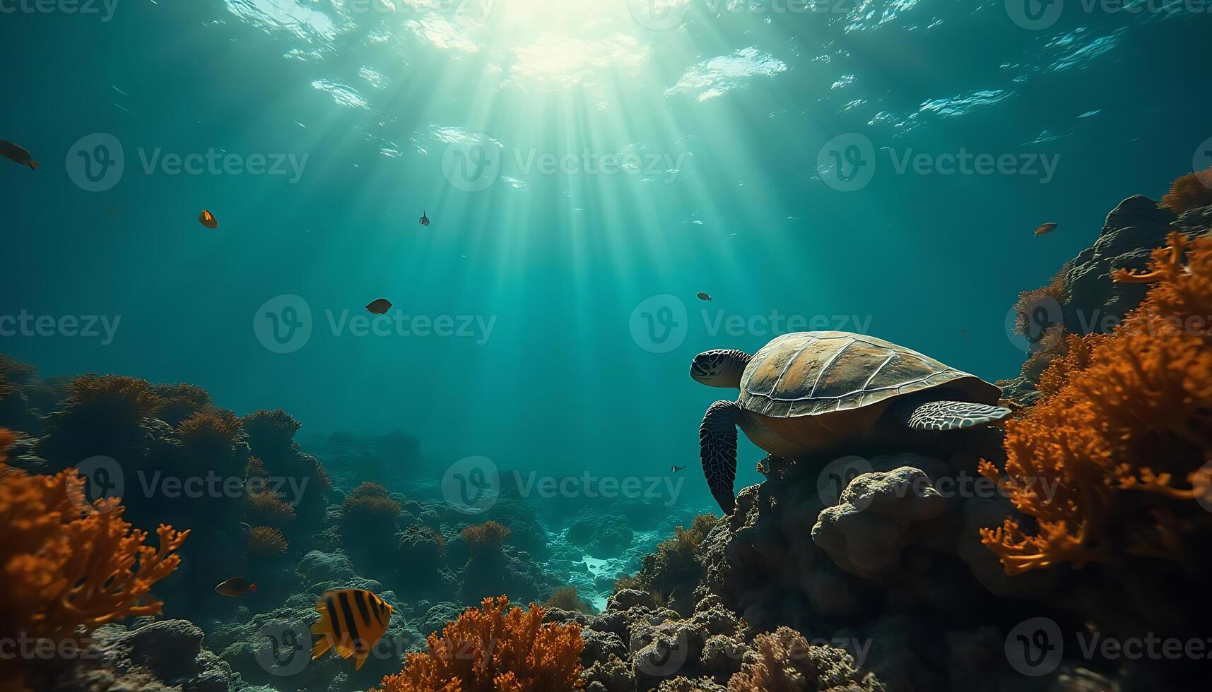 A turtle swimming in the ocean with sun rays photo