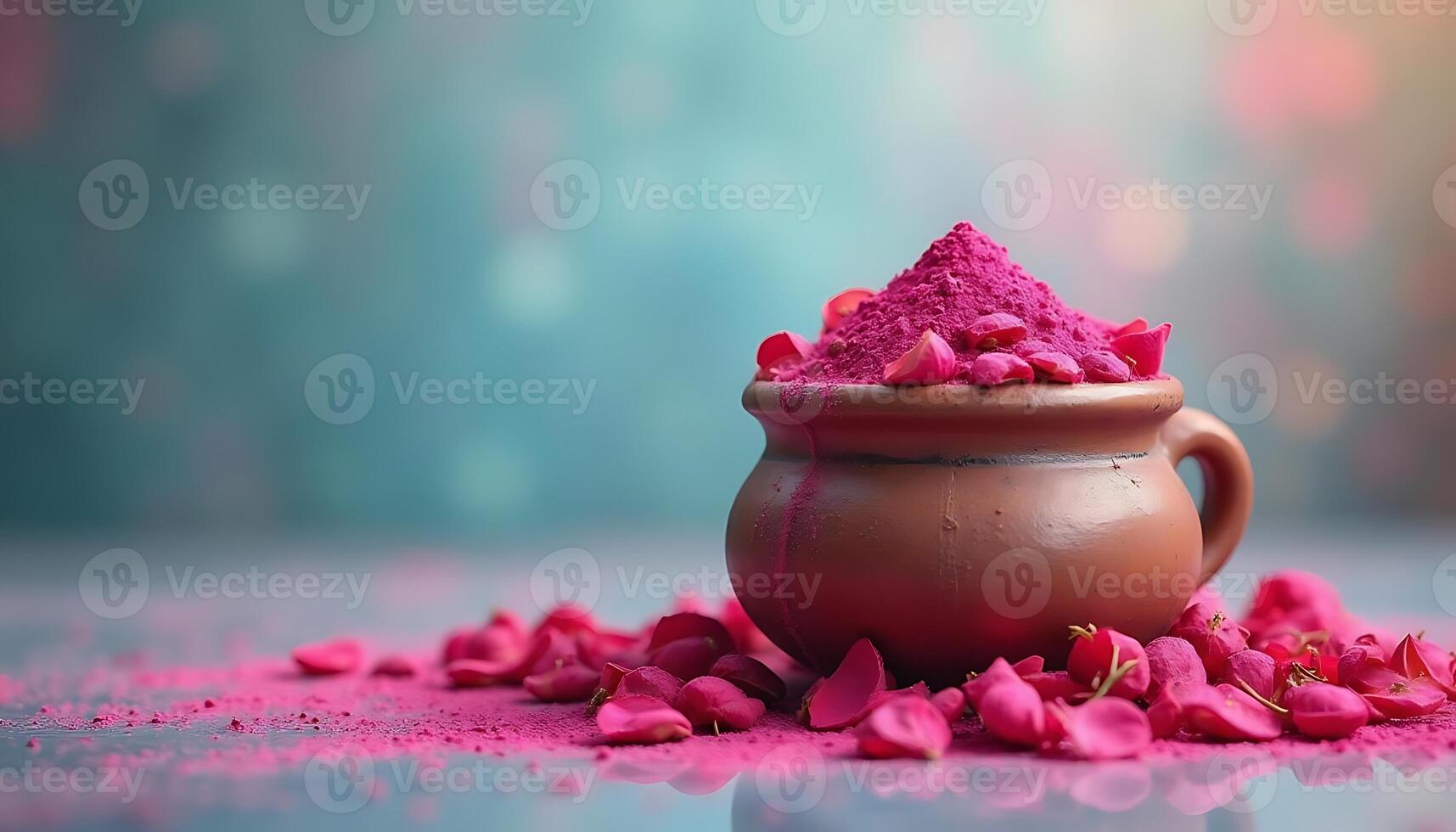 Pink powder in a pot on a table with petals photo