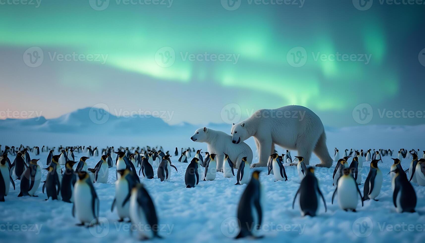 Polar bear and penguins in the snow with aurora lights photo