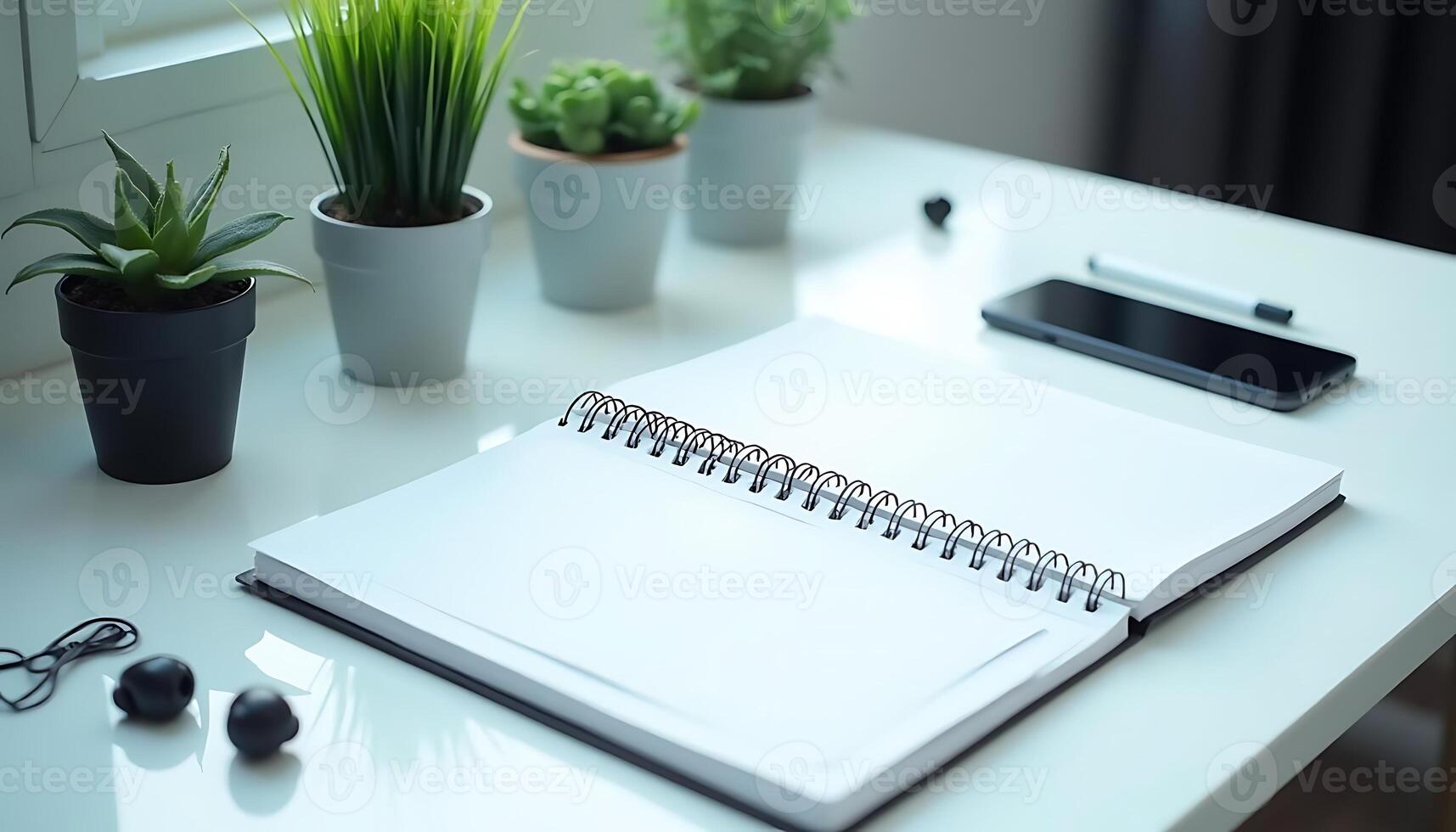 A notebook, phone, and plant on a desk photo