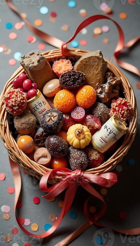 A basket filled with assorted chocolates and fruit photo