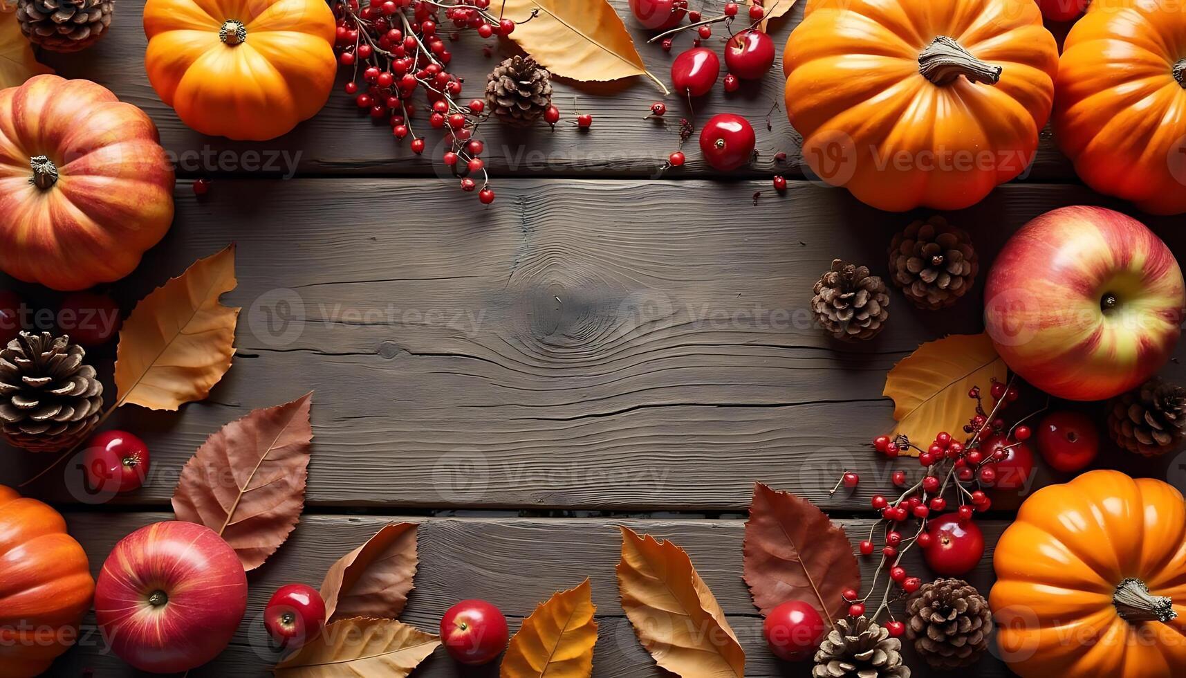 Thanksgiving background with pumpkins, apples, berries and pine cones photo