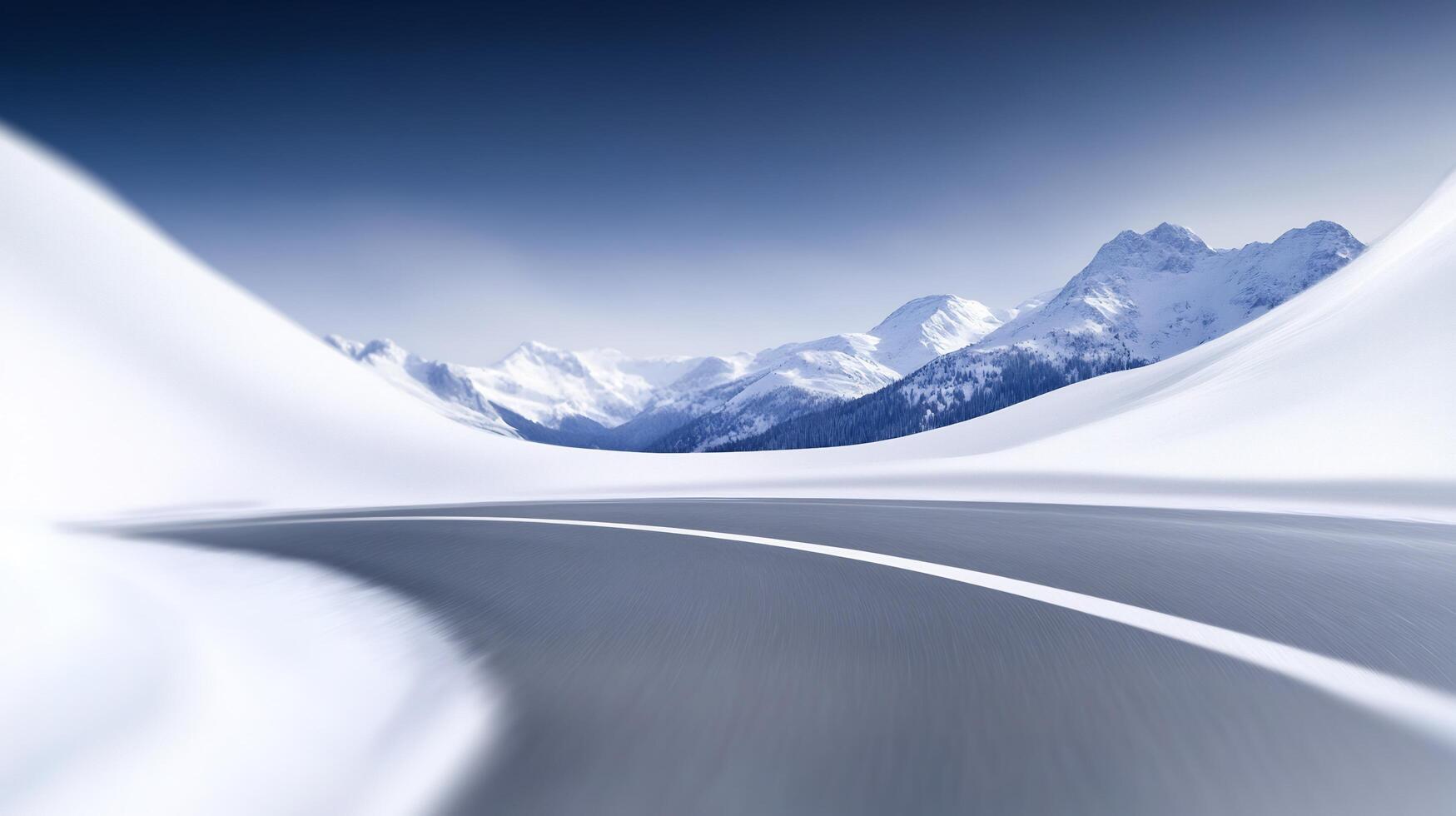 A snowy mountain road with a car driving on it photo