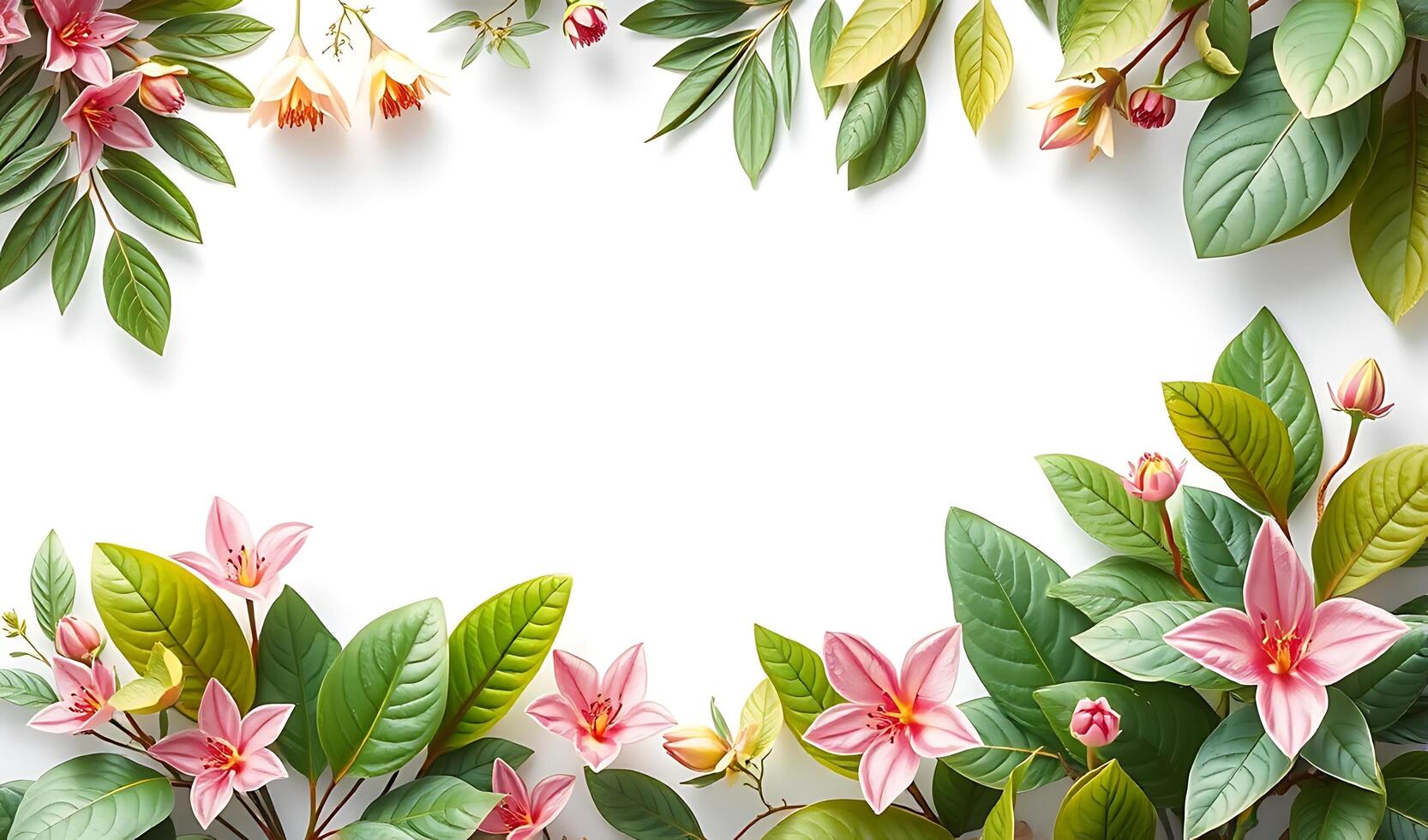 Flowers and leaves border on white background photo