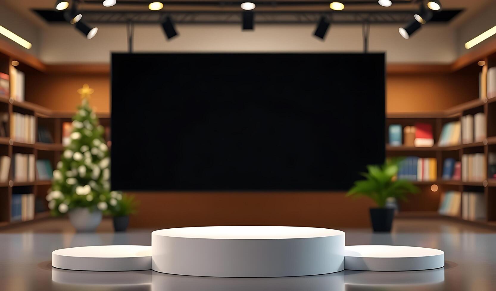 Empty podium with christmas tree and bookshelf in the background photo