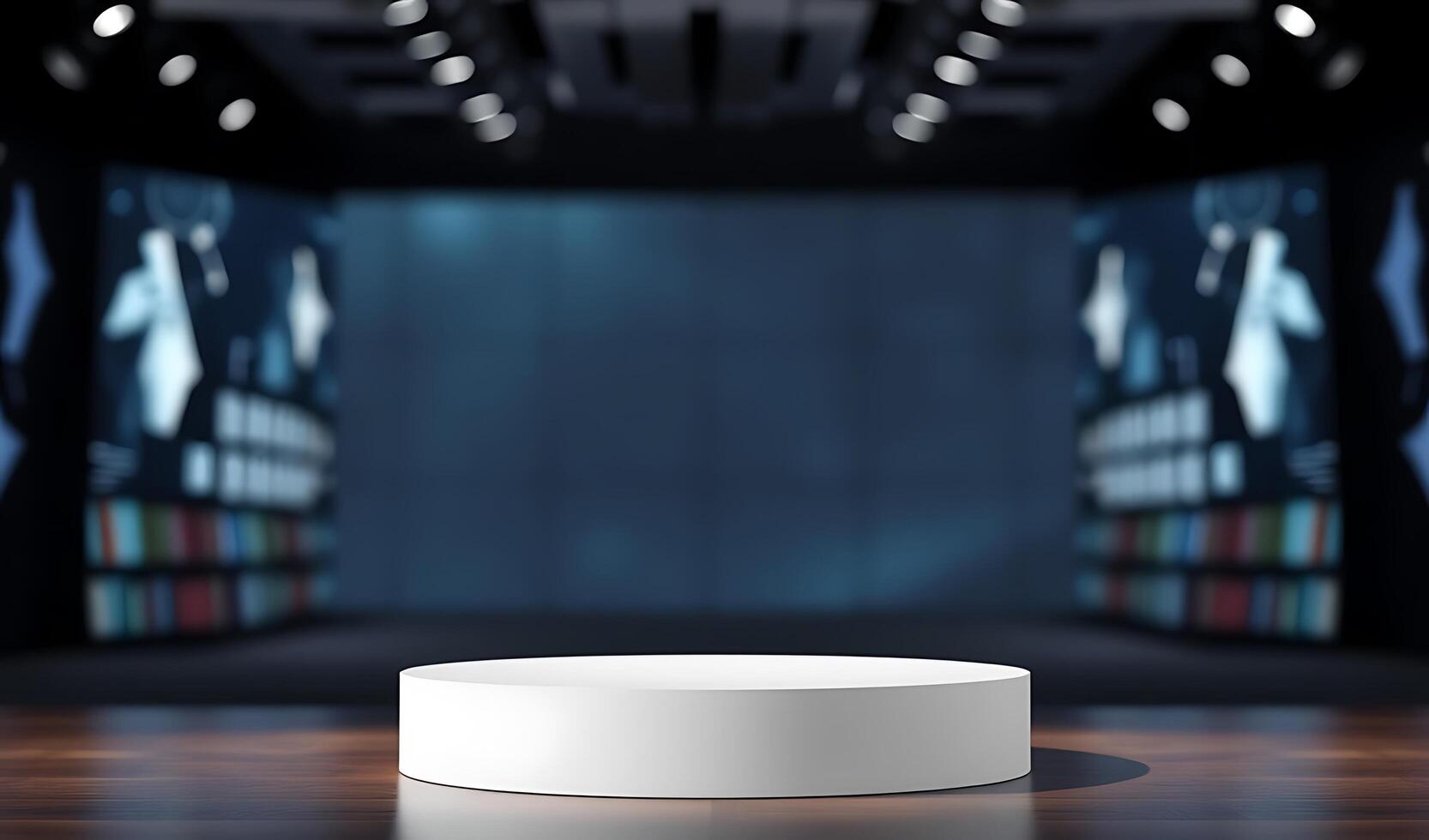 An empty podium on a wooden floor in front of a stage photo