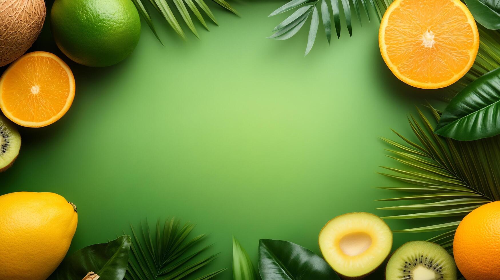 Tropical fruit frame on green background with copy space photo
