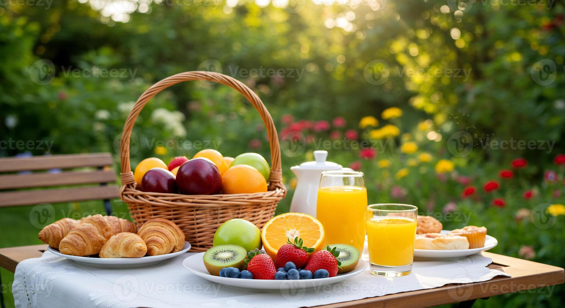 A table with fruit and croissants on it photo