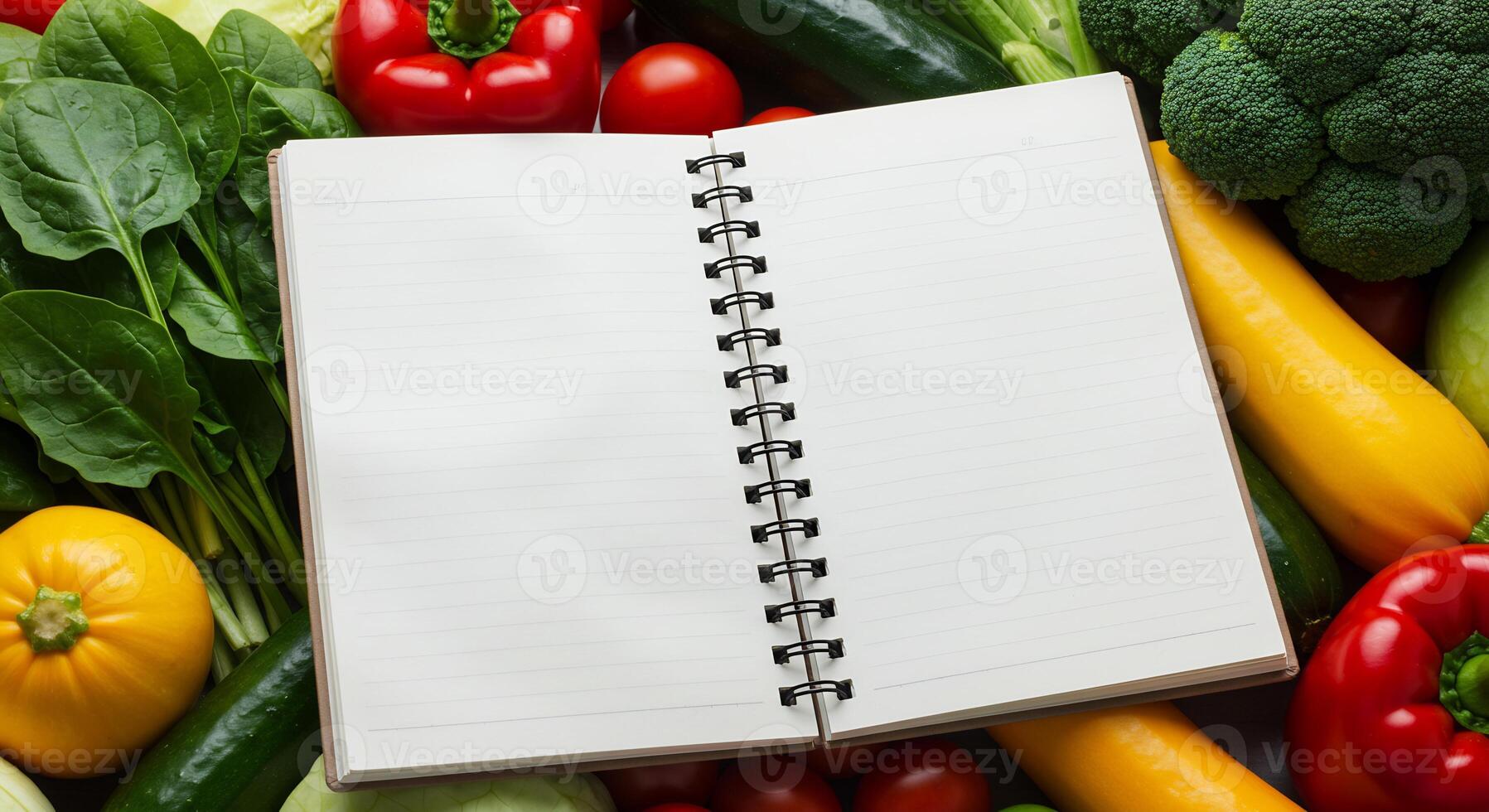 A notebook with a blank page surrounded by vegetables photo