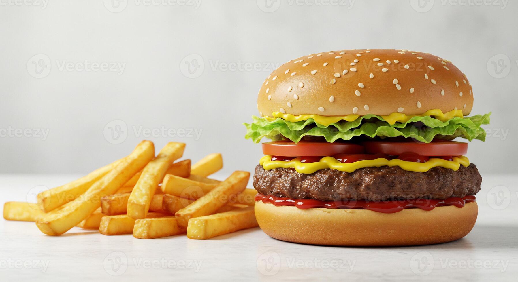 A hamburger and french fries on a white background photo