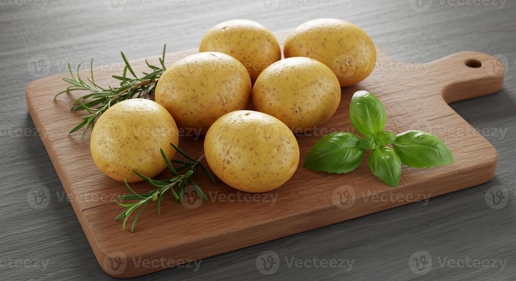 Potatoes on a cutting board with herbs photo