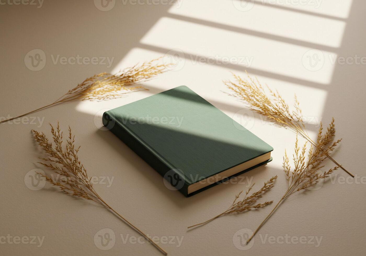 A green book and some dried grass on a table photo