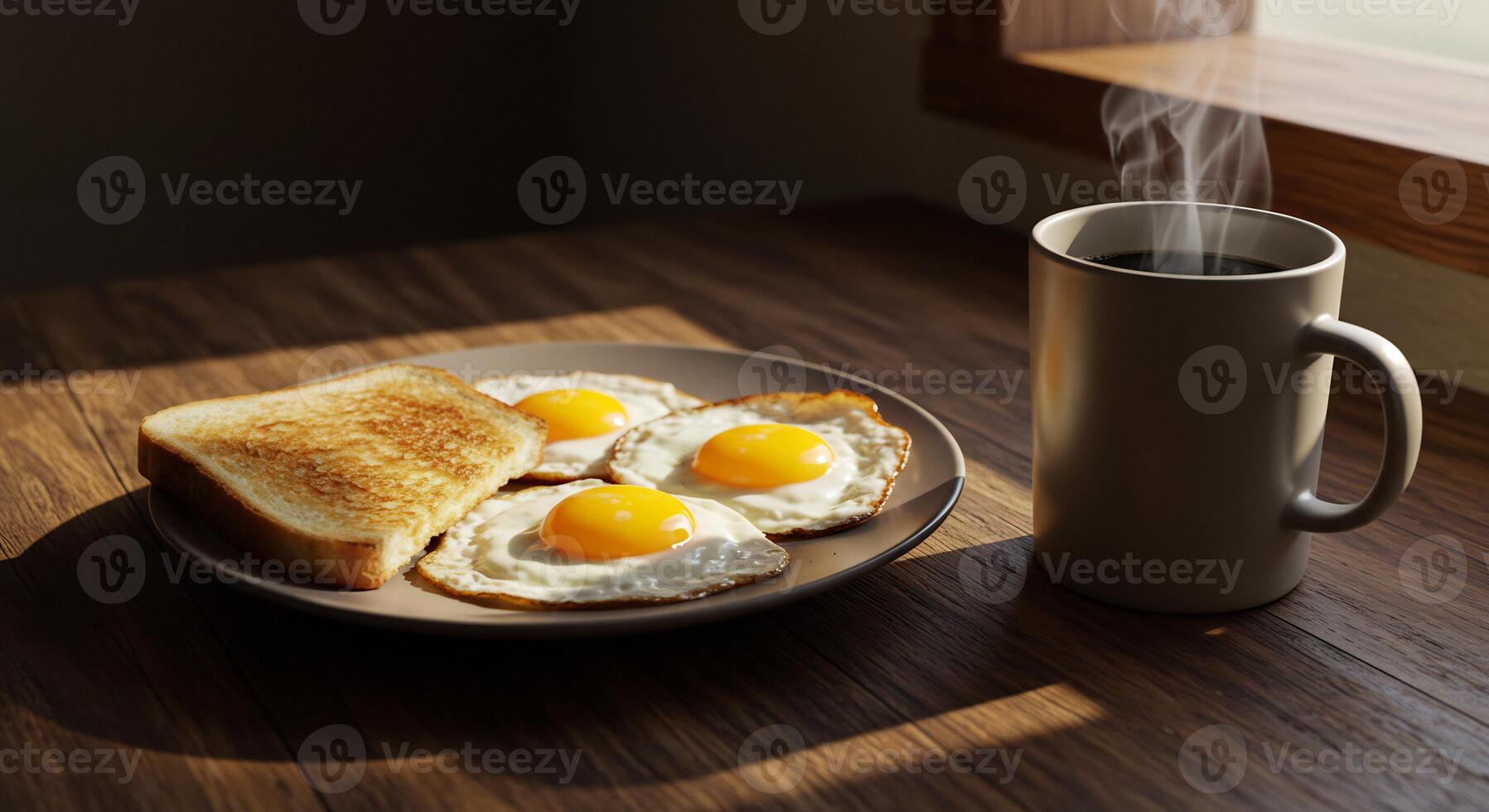 A plate with toast and eggs on it next to a cup of coffee photo