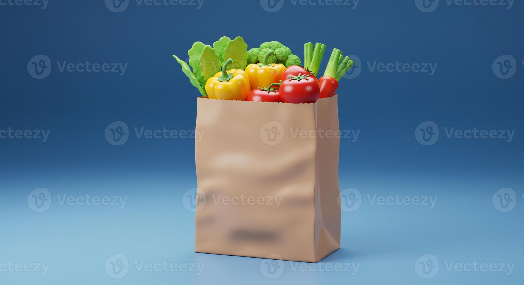 A paper bag filled with vegetables and fruits photo