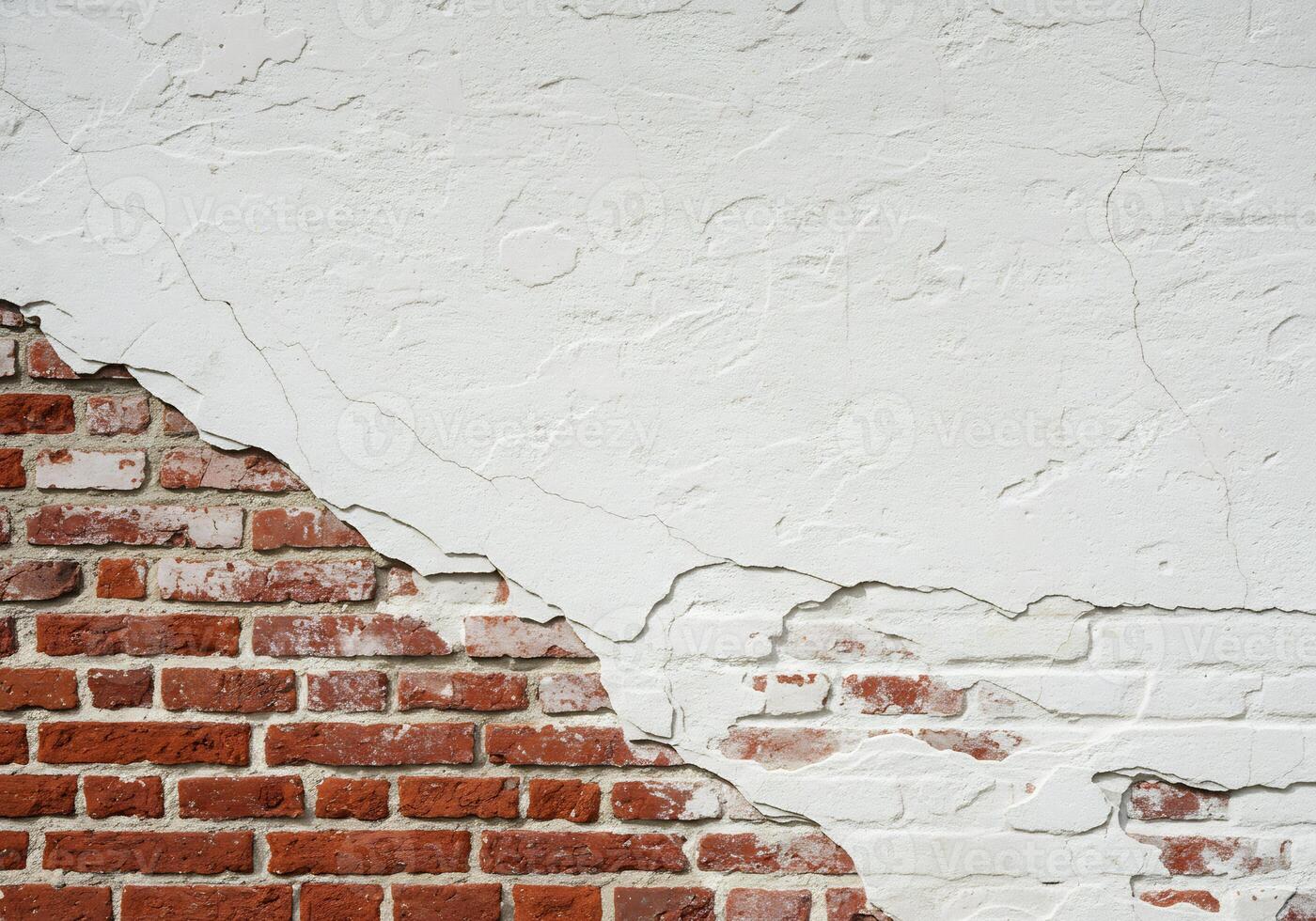 A white wall with a crack in it and a brick photo