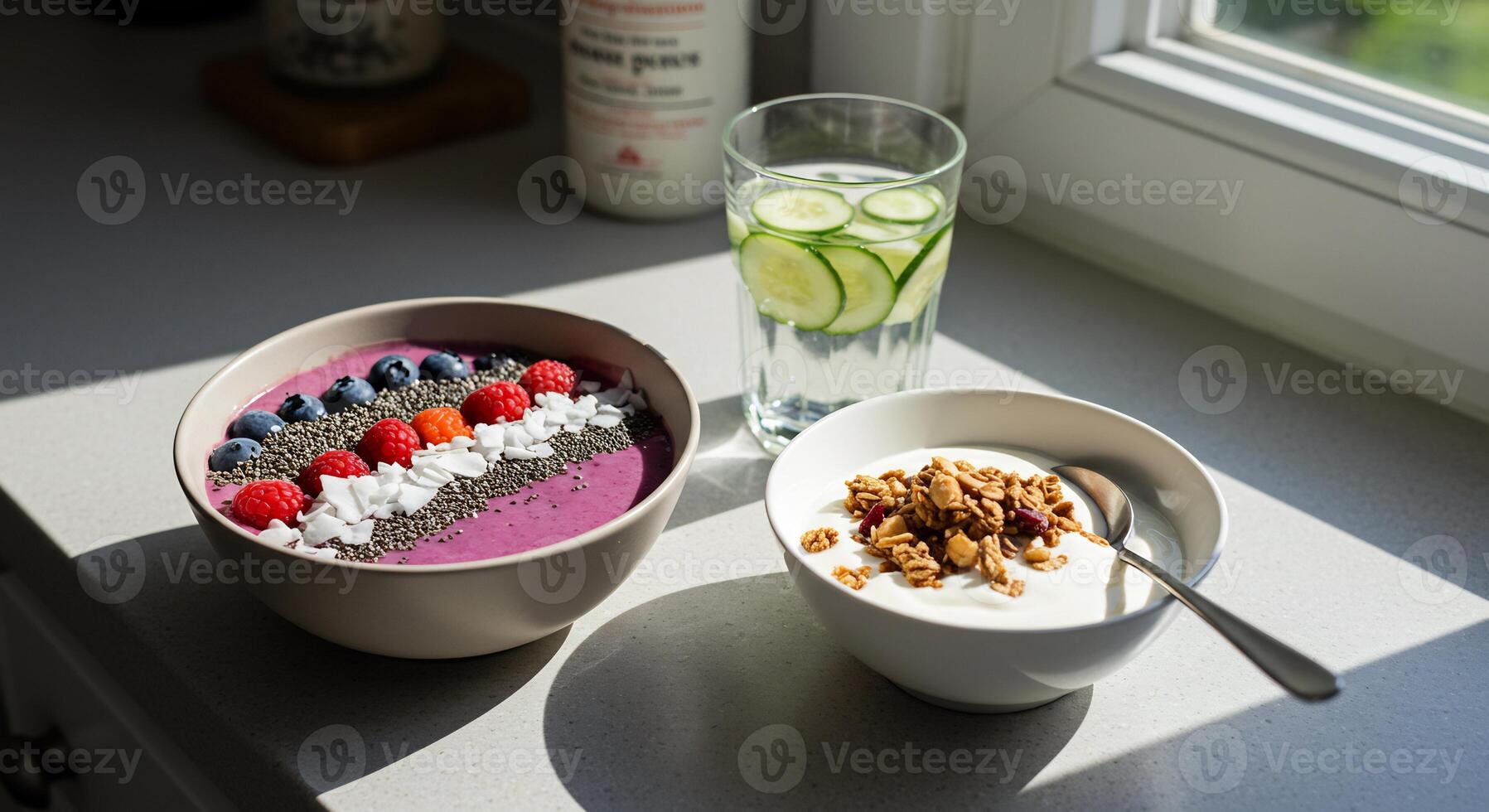 Two bowls of fruit and yogurt on a counter photo