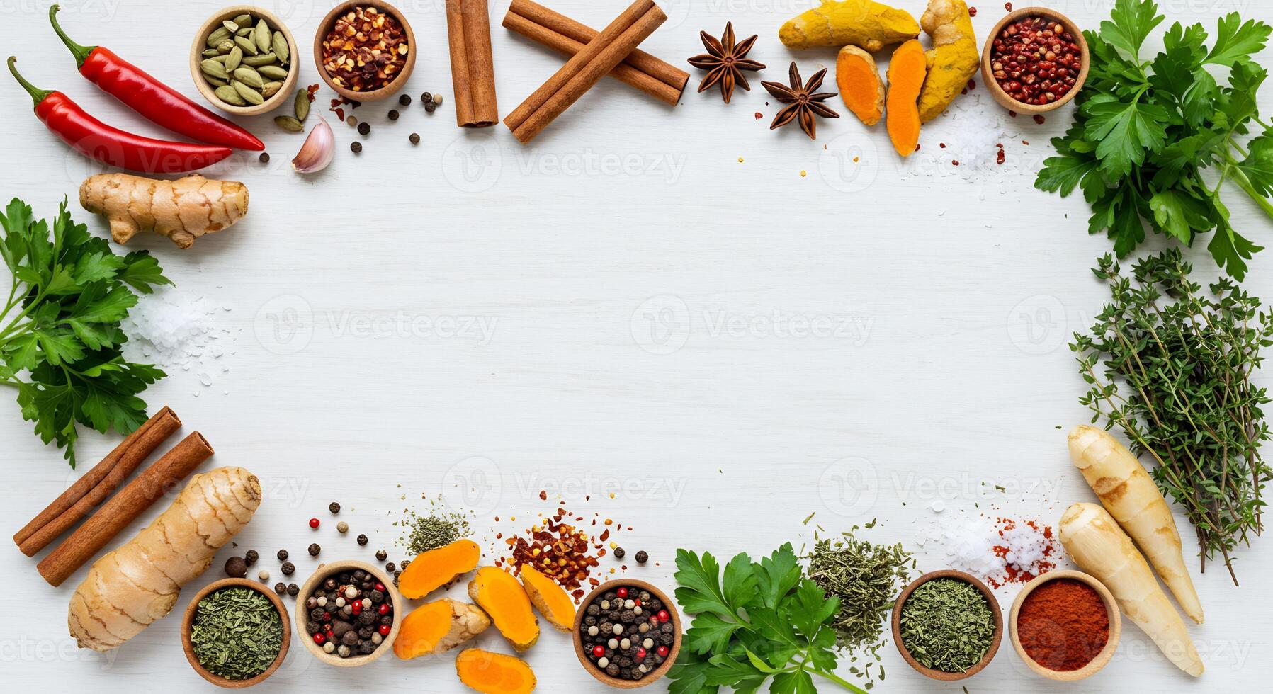 Various spices and herbs arranged in a circle on a white table photo