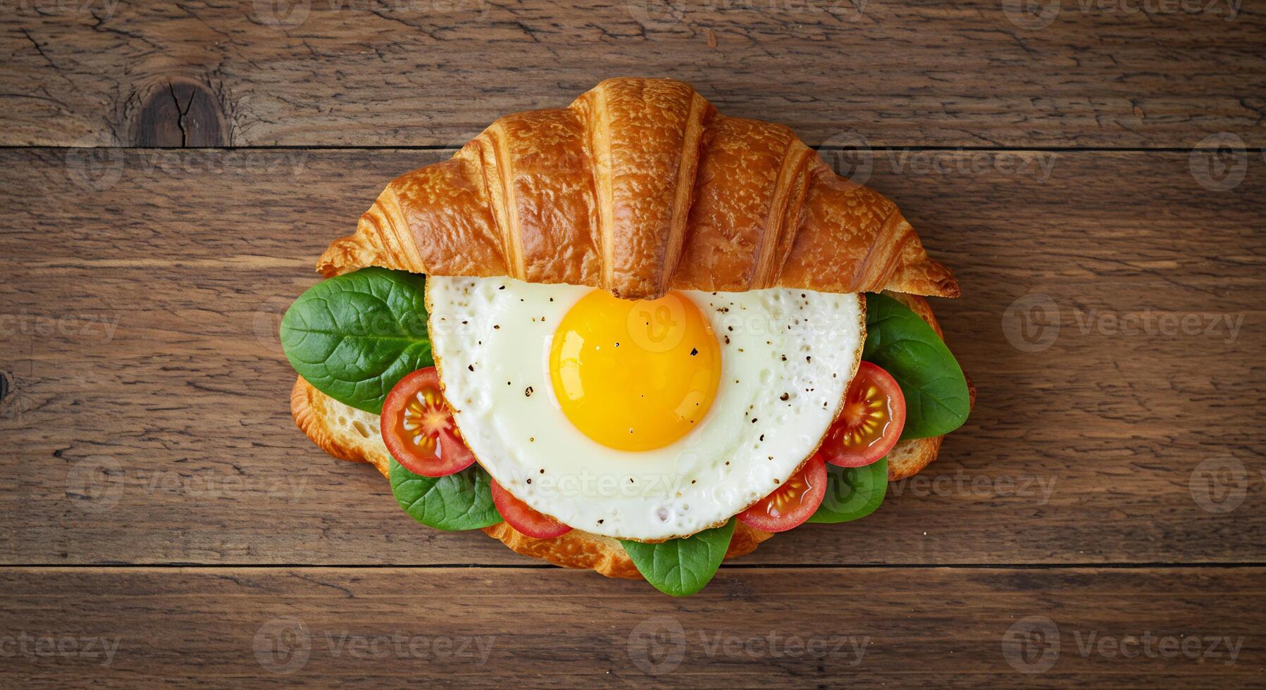 A croissant sandwich with an egg and spinach photo