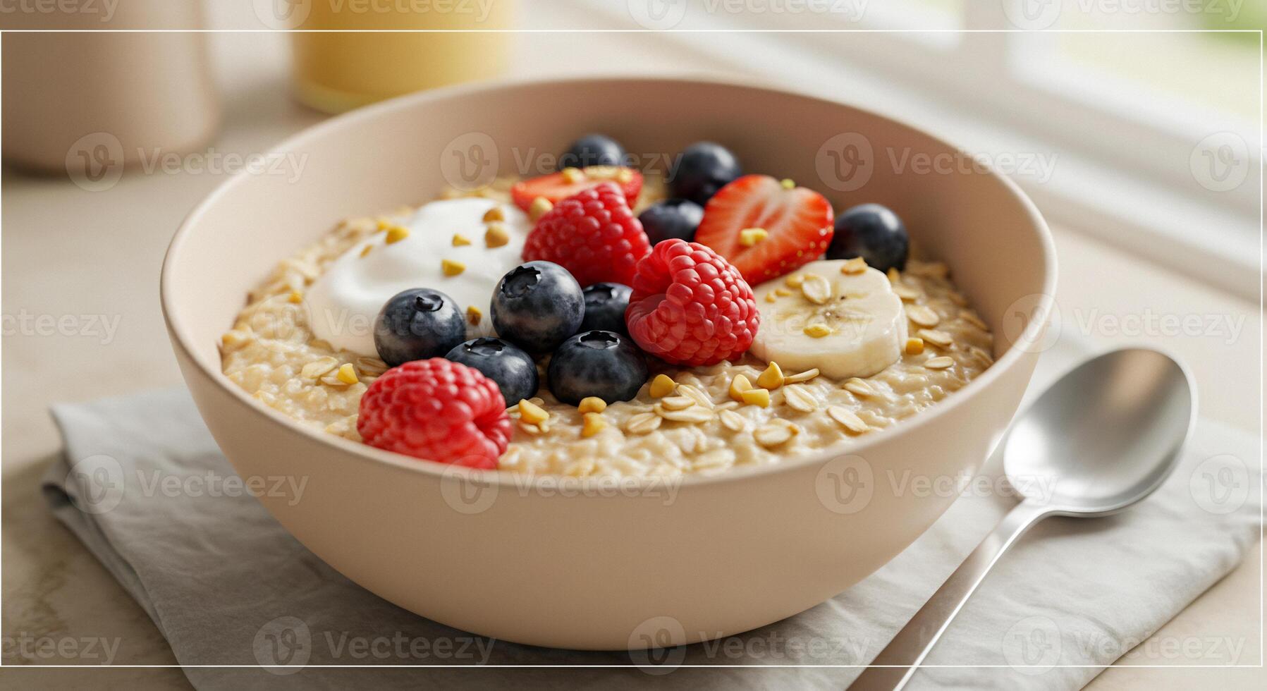 A bowl of oatmeal with berries and a spoon photo