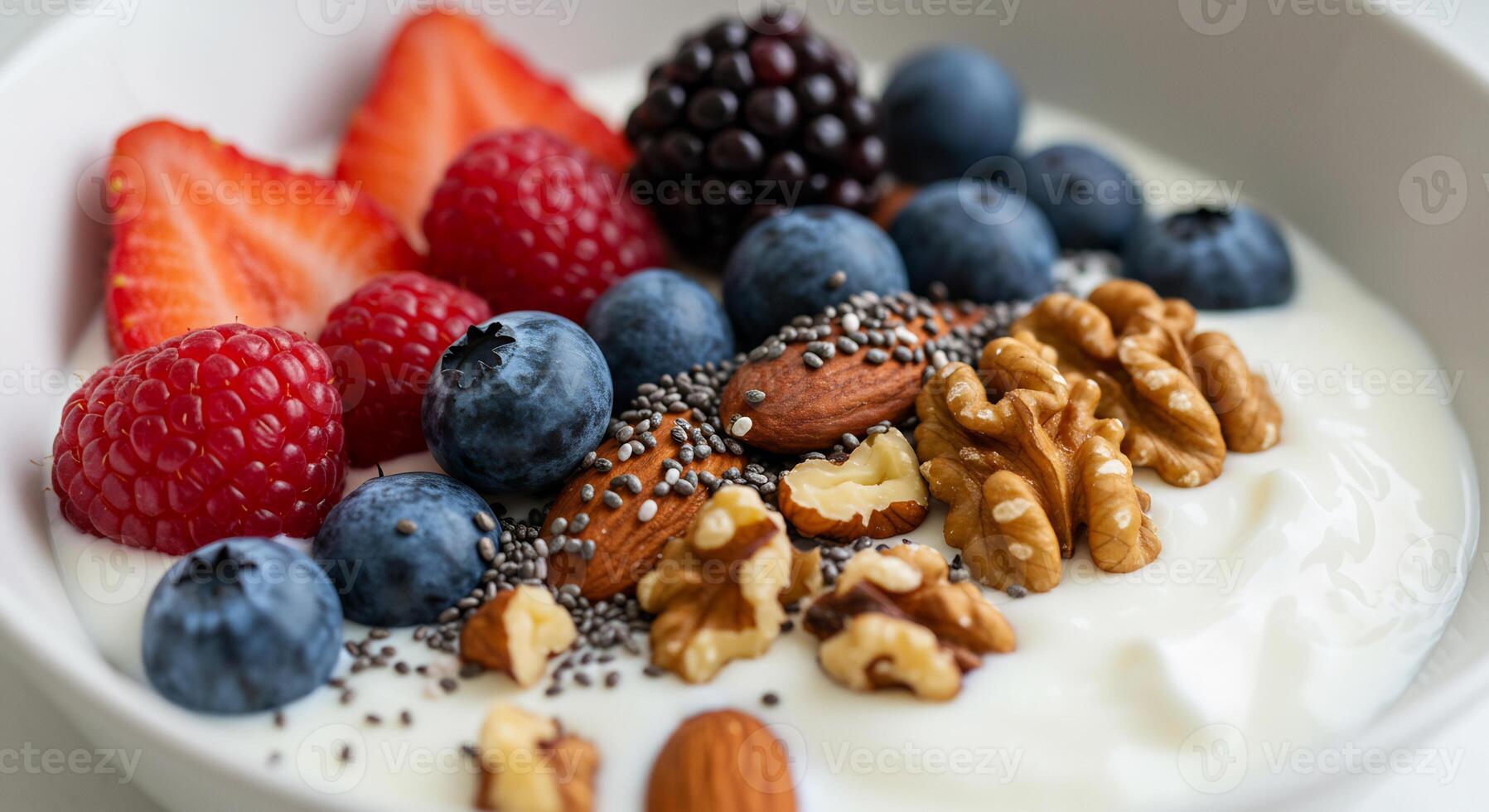 Yogurt with berries and nuts photo