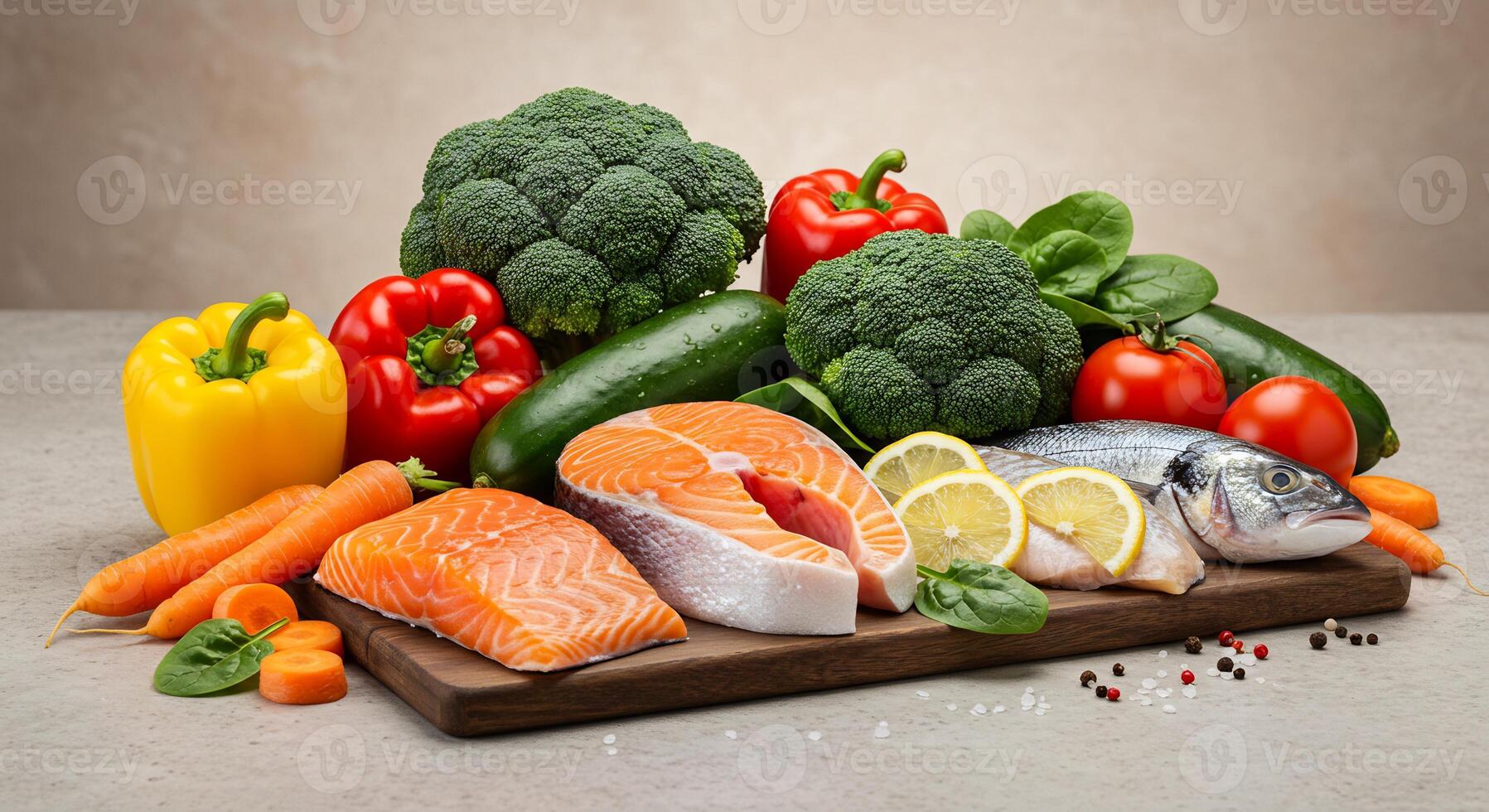 A variety of vegetables and fish on a cutting board photo