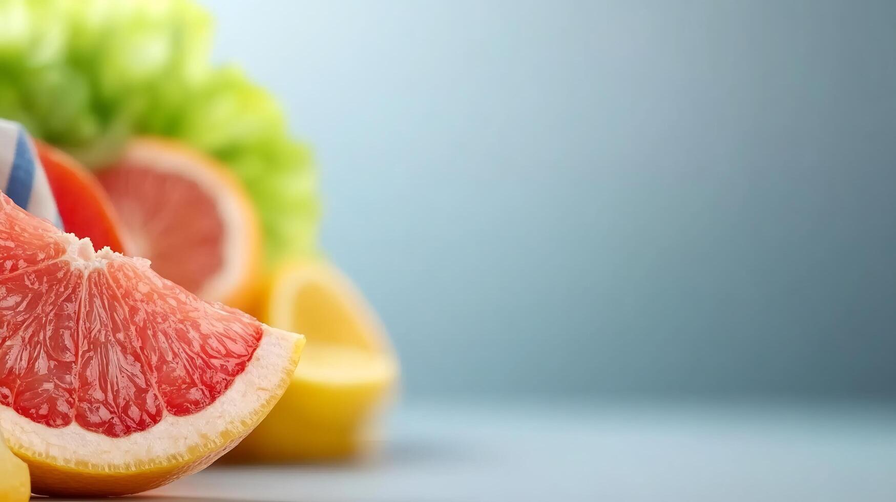Grapefruit, lemon, and other fruits are arranged on a table photo