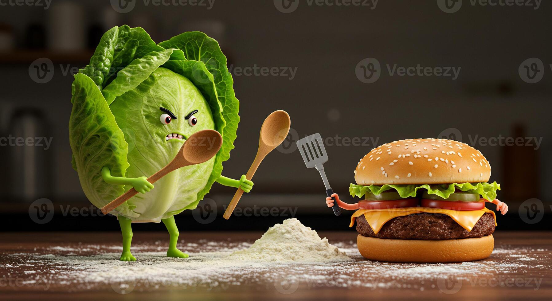 A hamburger and a cabbage are standing next to each other photo