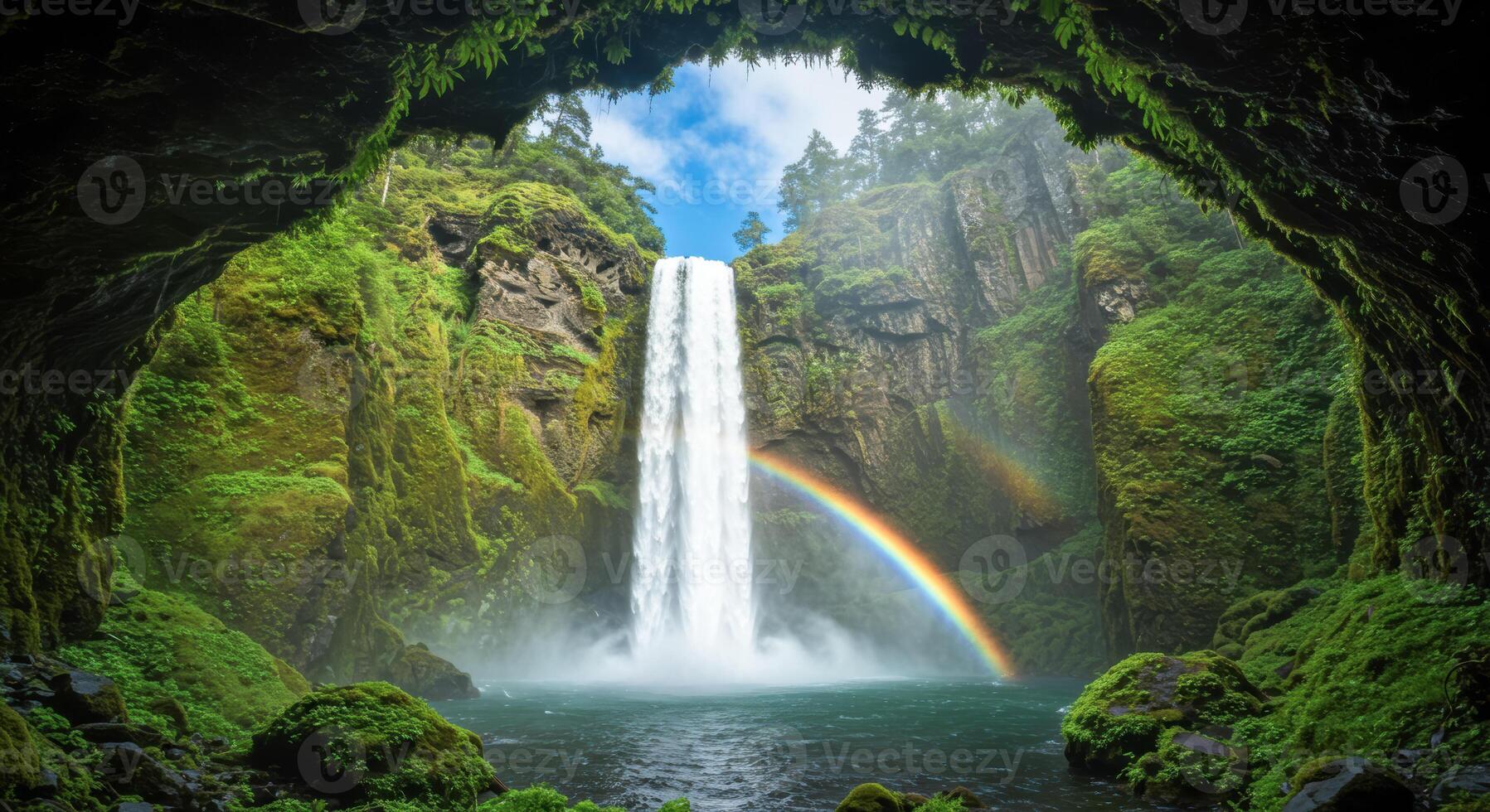 Majestic waterfall cascading through lush greenery with vibrant rainbow in the background photo