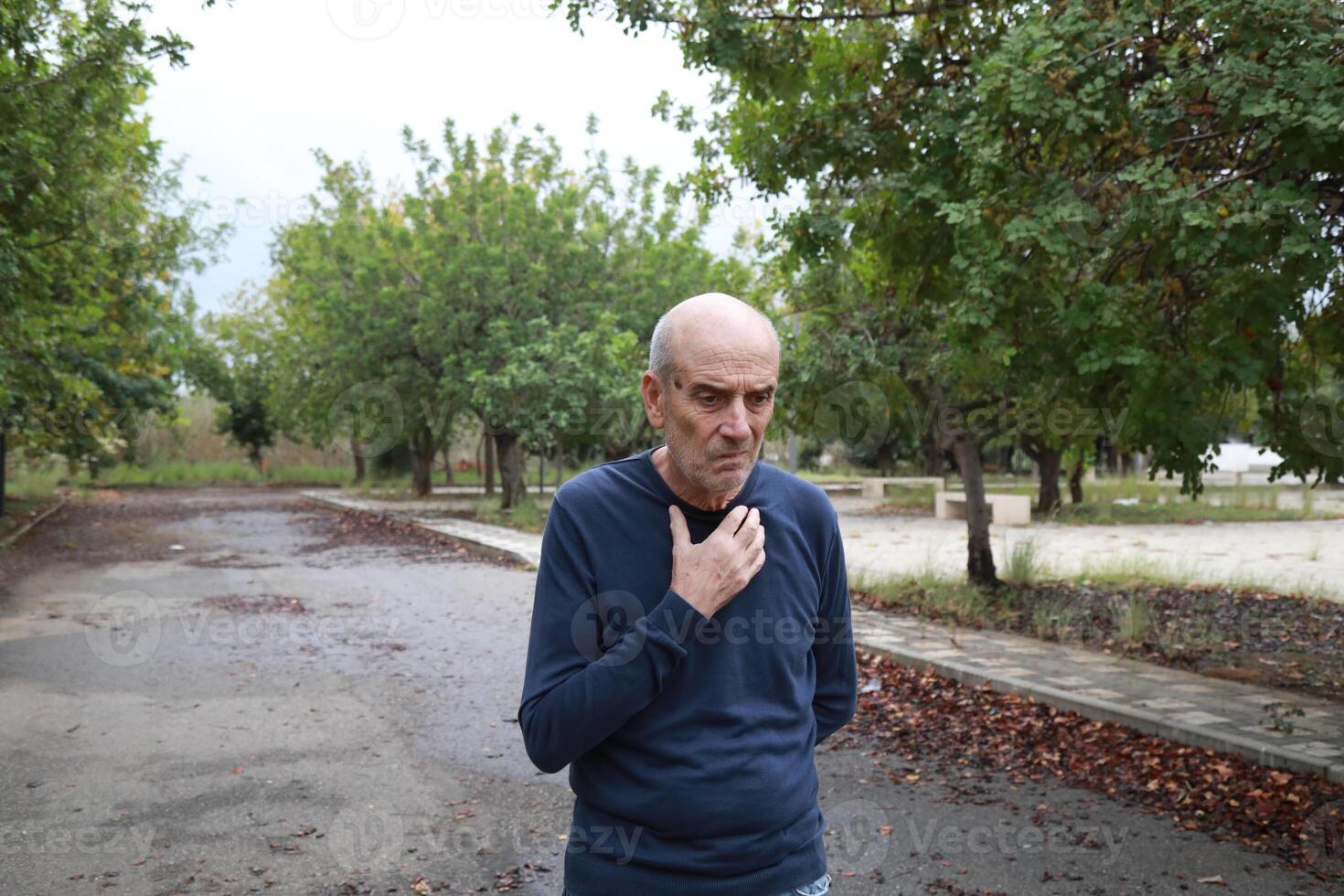 Uncomfortable Elderly Man Cannot Walk In Natural Park Under Trees photo