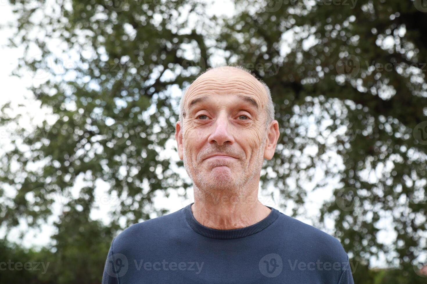Smiling Elderly Man Says Yes Slyly In Countryside Near Trees photo