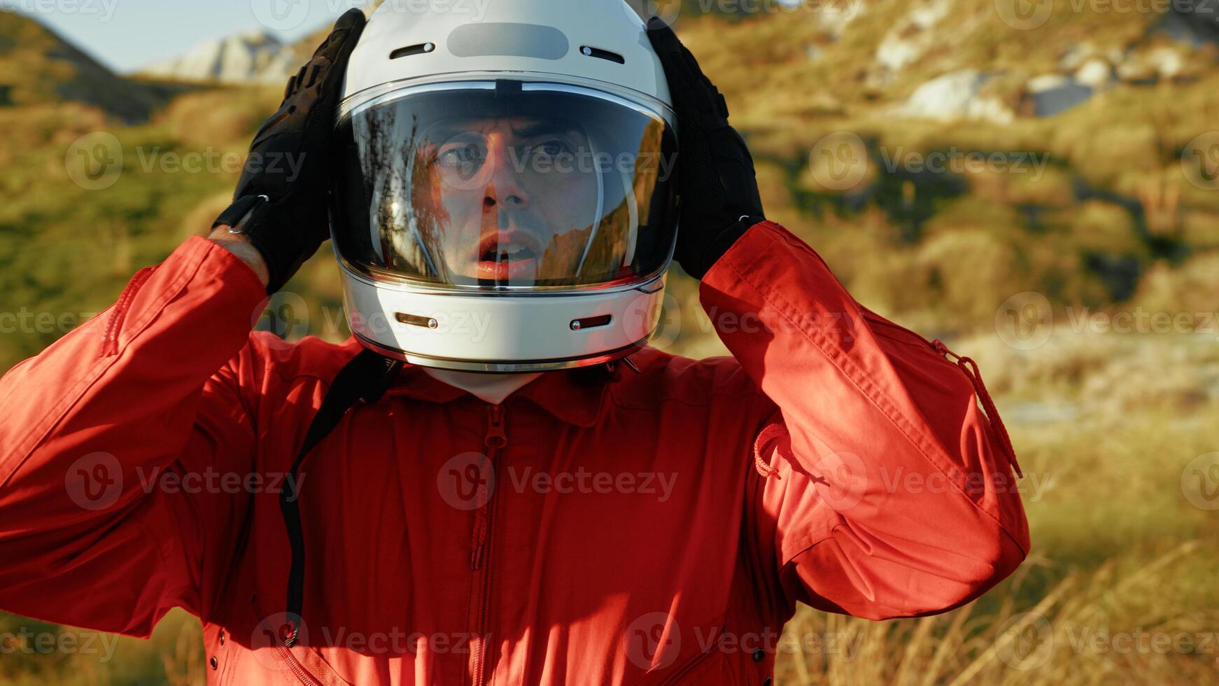 Astronaut Wears Helmet And Observes The Clearing In The New Planet photo