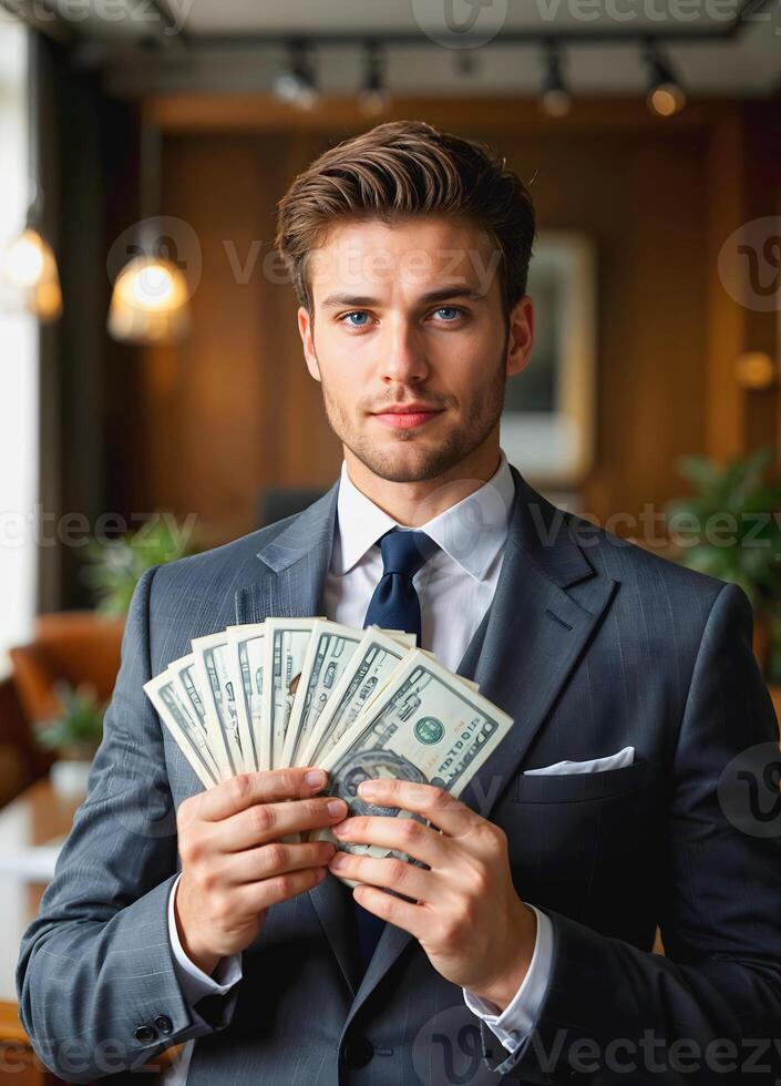 Handsome elegant confident businessman holding stack of money, successful people, young millionaire, cheerful ceo, manager photo