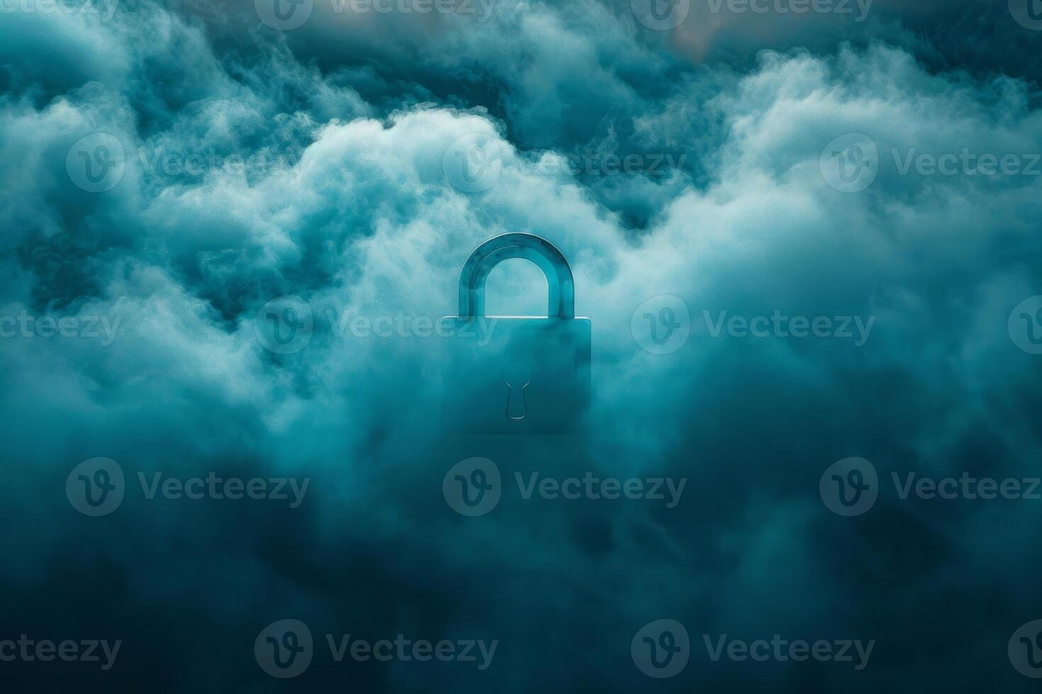 Cloud security padlock protection concept cyber data safety privacy network technology digital abstract blue sky fog. photo