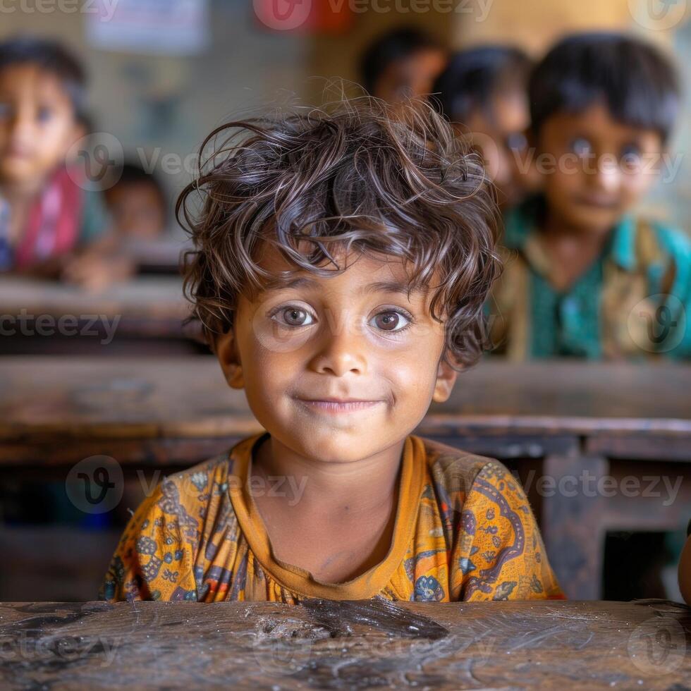Child portrait closeup classroom setting school education children learning happy kid smiling face childhood development global diversity. photo
