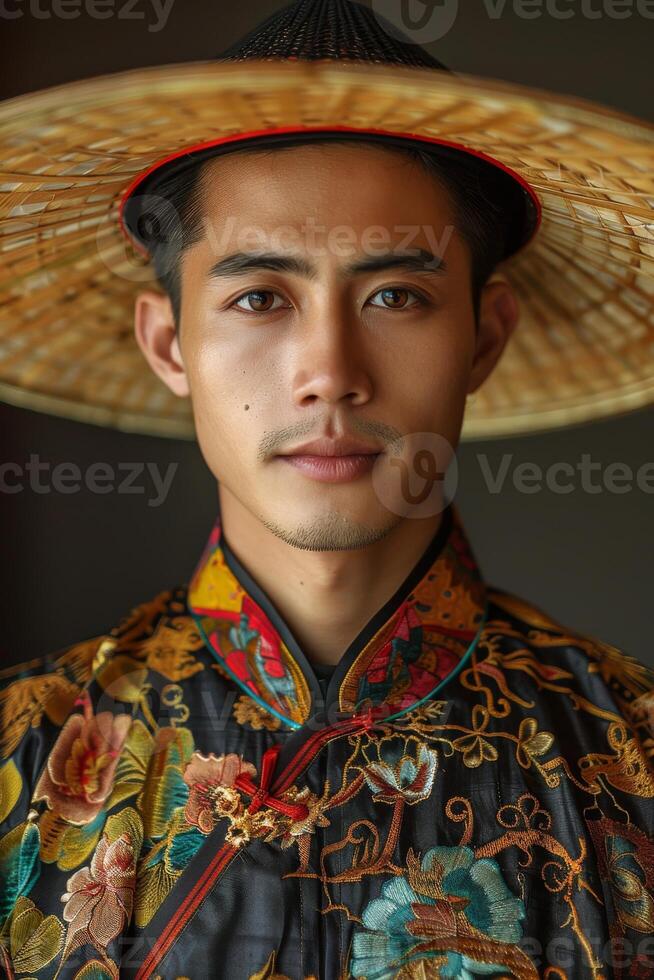 Portrait of Asian man wearing traditional conical hat and robe culture heritage beauty of people. photo