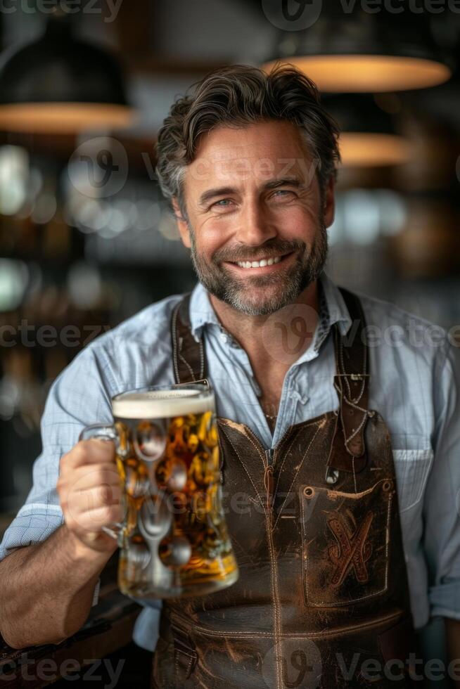 Smiling man beer mug toast cheers celebration bar pub social gathering culture global trend photo