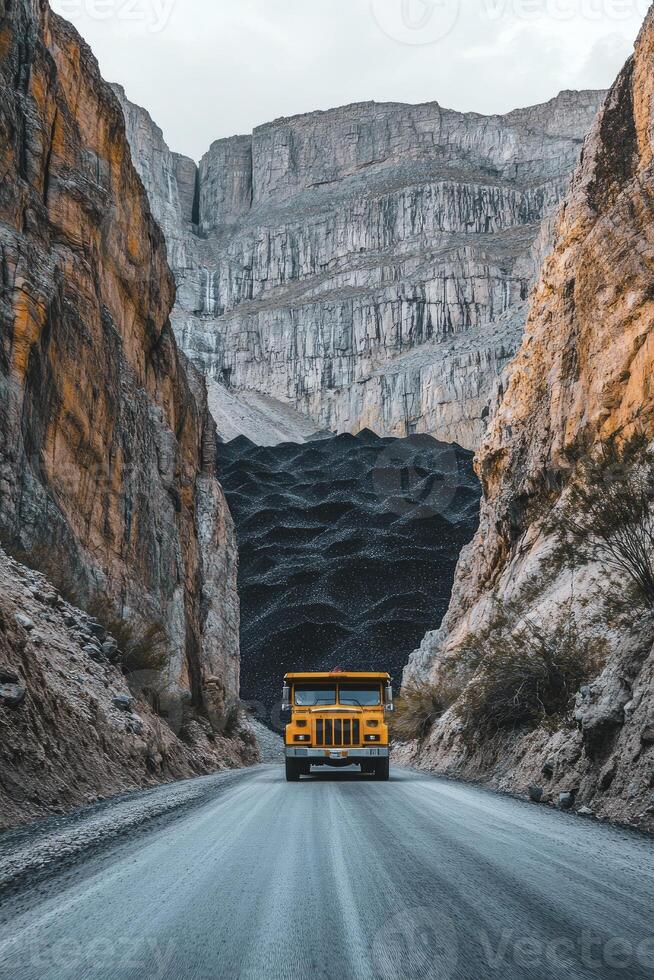 A school bus driving down a narrow road in the desert photo