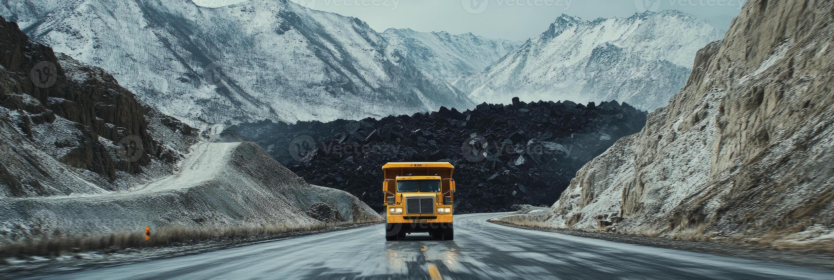 A yellow truck driving down a mountain road photo