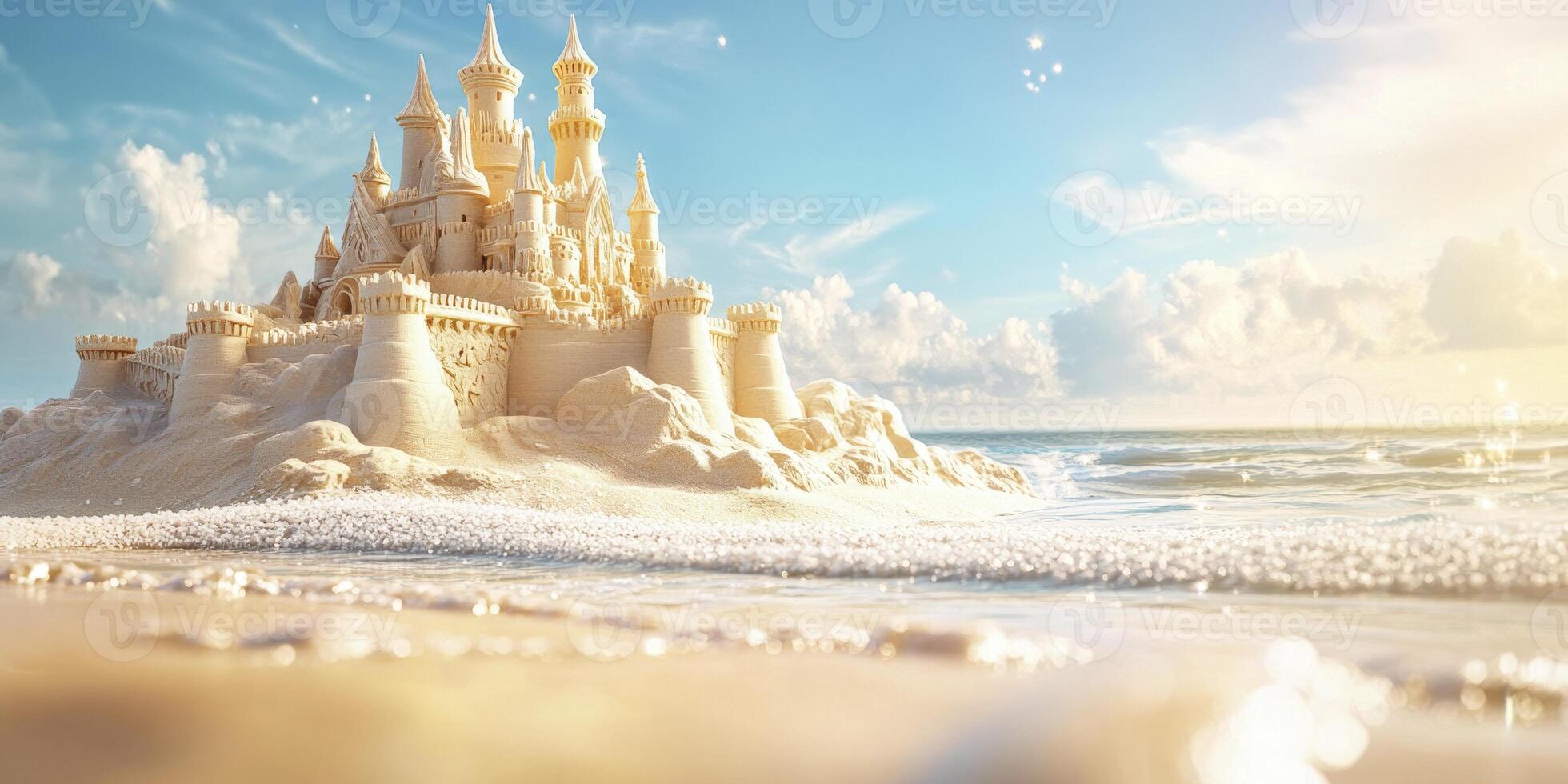 A sand castle on the beach with a blue sky photo