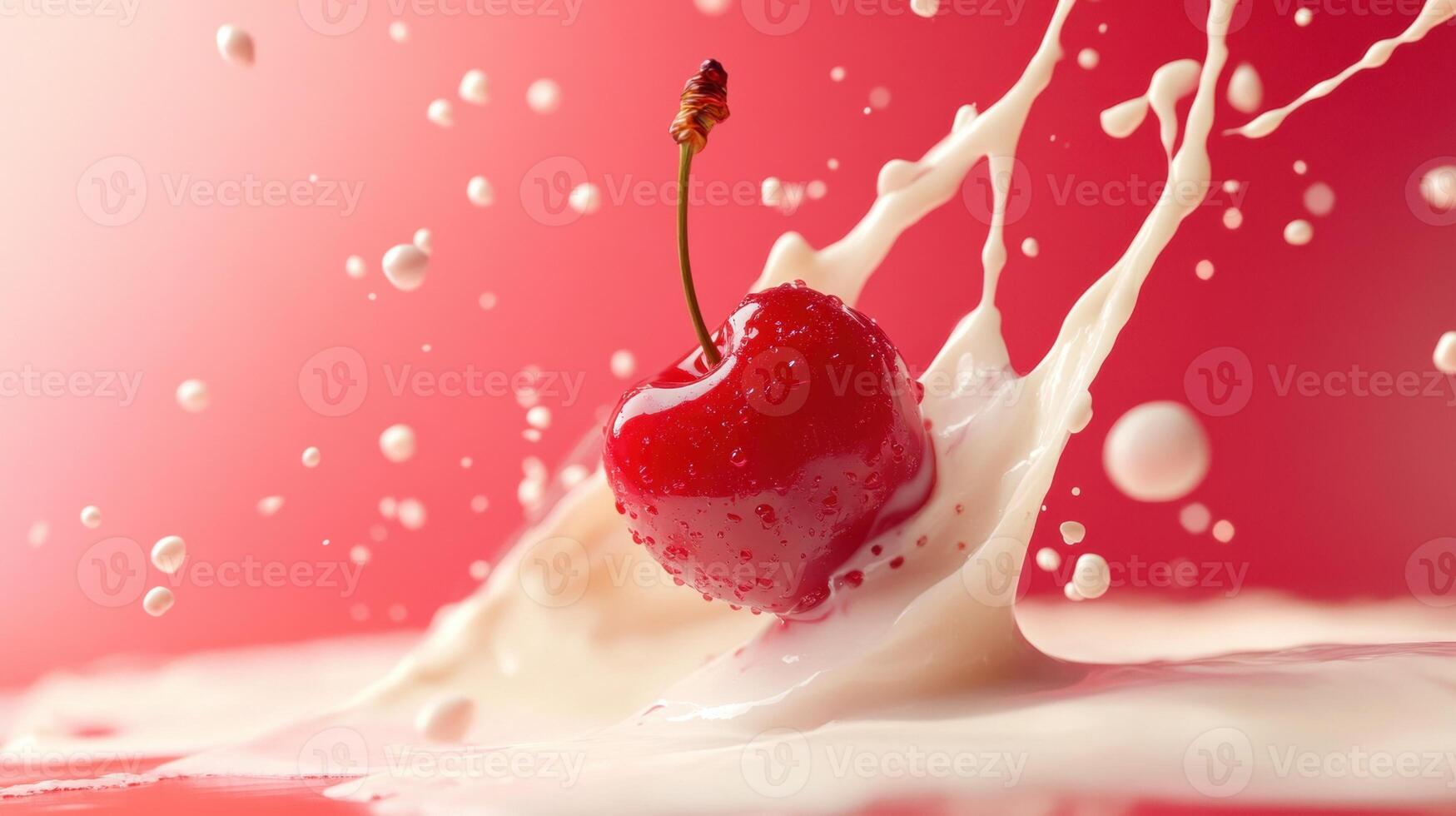 A juicy cherry splashes into creamy milk, creating a vibrant and refreshing scene. photo