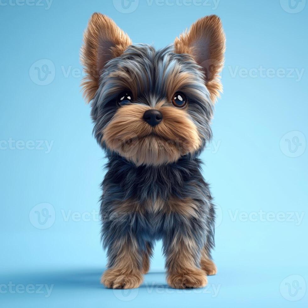 Adorable Yorkshire Terrier puppy with big eyes stands on a light blue background. photo