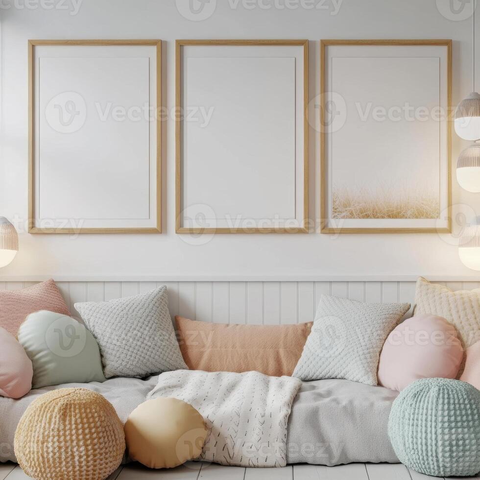 Cozy minimalist living room with pastel cushions and framed artwork, creating a serene atmosphere. photo