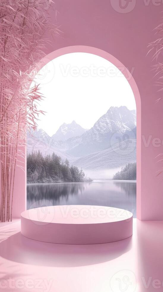 Serene mountain view from a pink arched window with a tranquil lake and snowy peaks. photo
