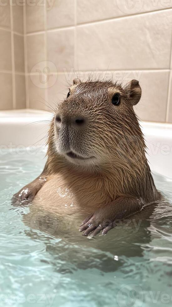 Capybara relaxing in a bathtub, showcasing its calm demeanor in cozy bathroom setting. photo