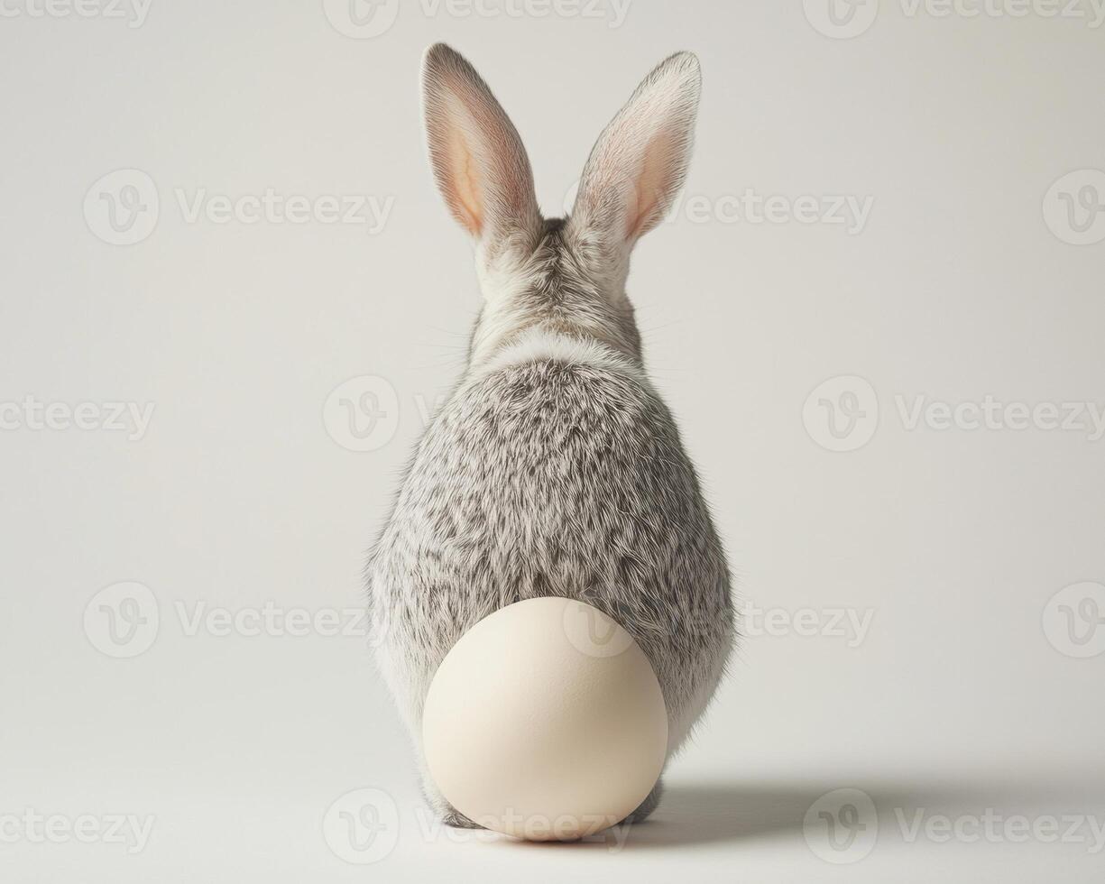 Cute rabbit with an egg sitting in a minimalistic studio setting. photo