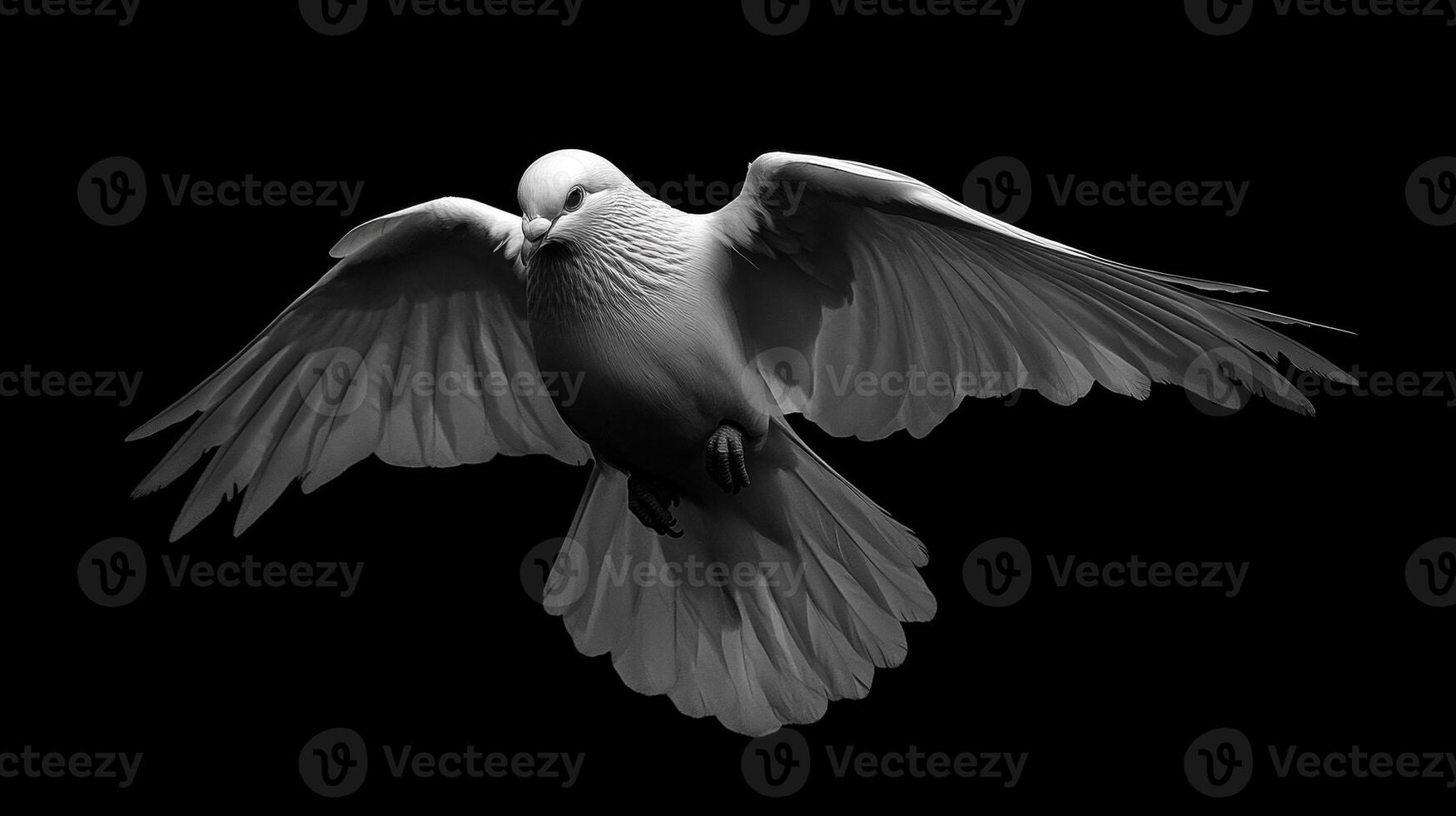 A stunning white dove in flight against a dramatic black background, wings gracefully extended. photo