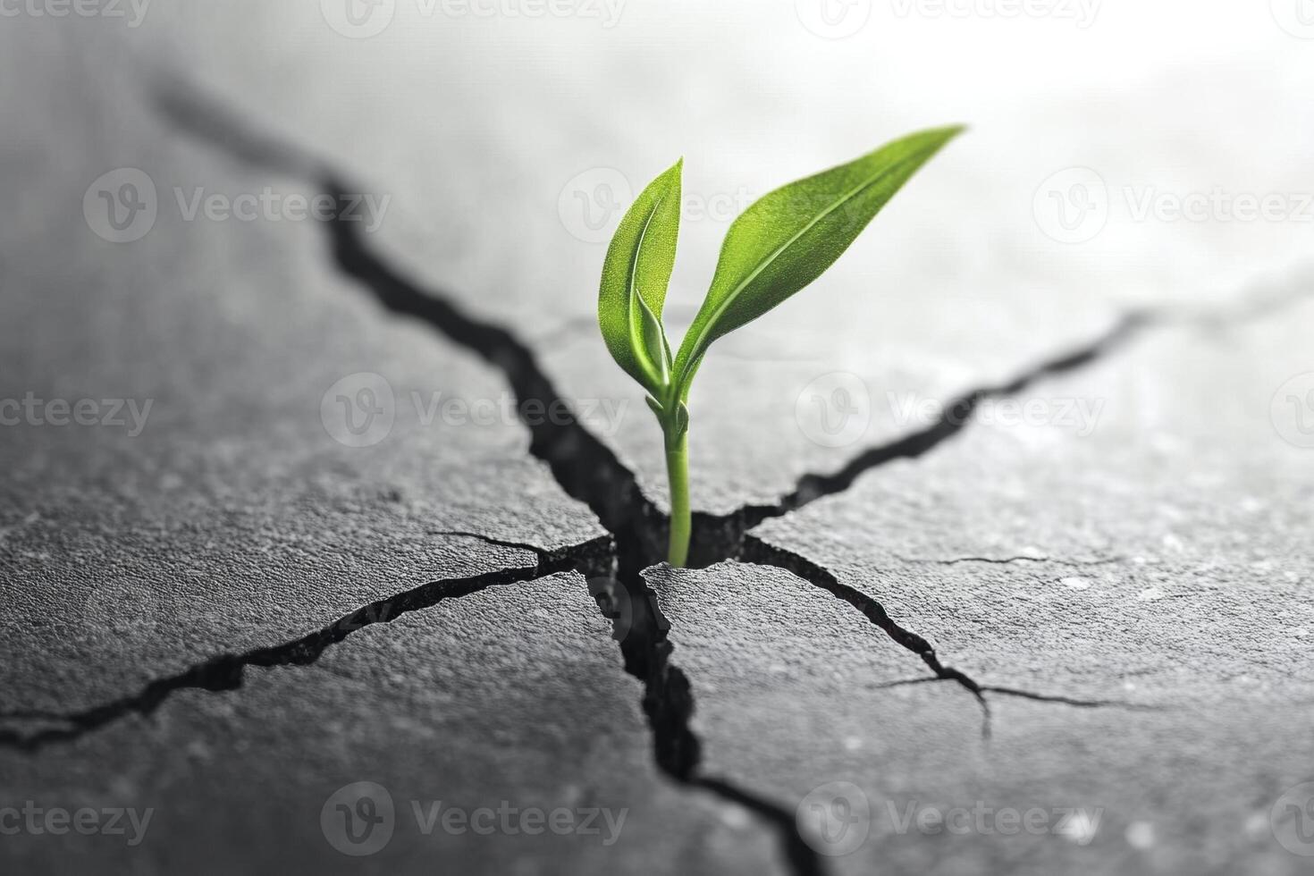 A resilient green plant emerges through cracked, dry earth, symbolizing hope and perseverance. photo