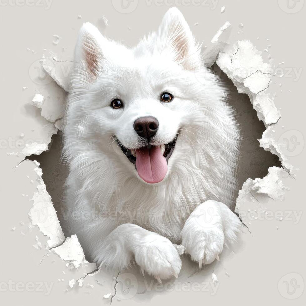 Joyful white dog playfully peeking through a hole in the wall. photo