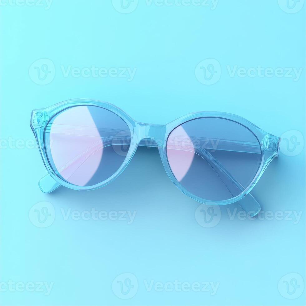 Stylish transparent sunglasses on a soft blue background, reflecting pastel hues. photo